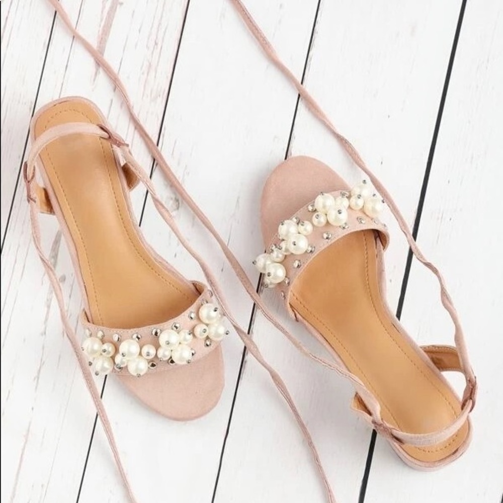 Faux Pearl And Studded Decorated Lace Up Sandals